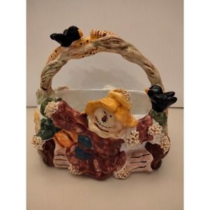Vintage Scarecrow pumpkin fall thanksgiving ceramic basket serving decor 7.5"